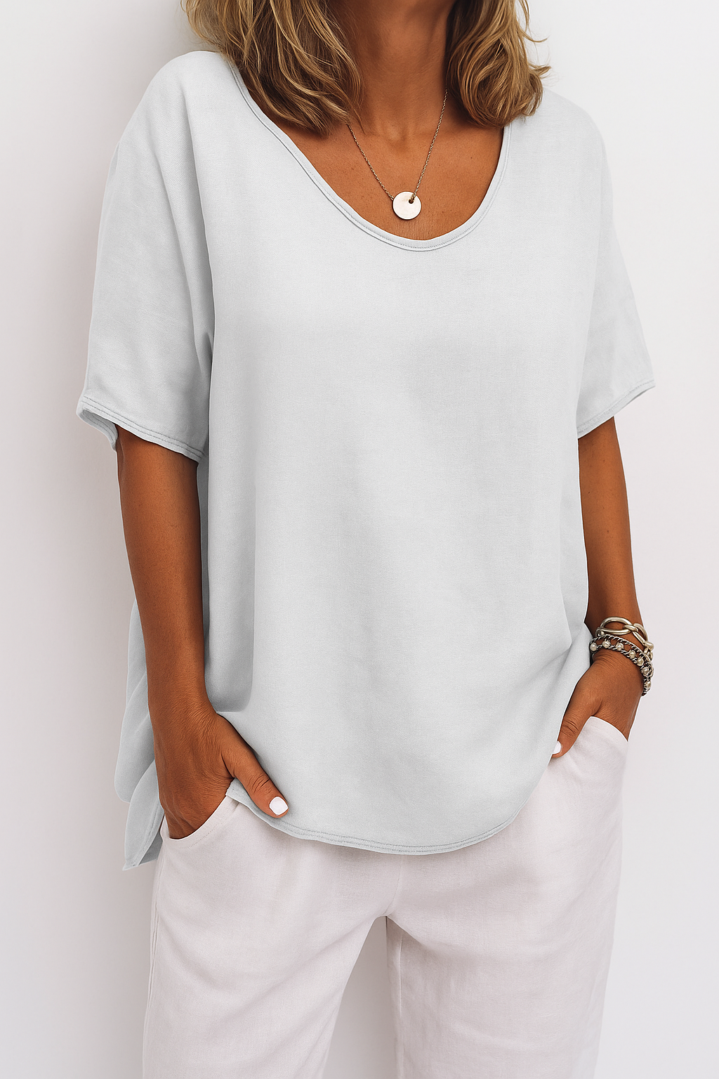 Dames Oversized T-Shirt Korte Mouw met Ronde Hals en Zijsplit Wit