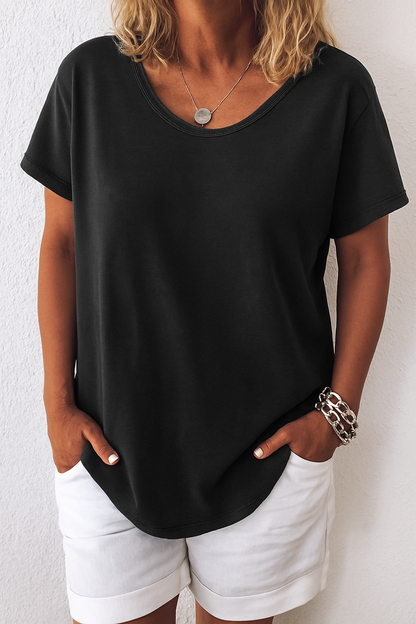 Dames Oversized T-Shirt Korte Mouw met Ronde Hals en Zijsplit Zwart