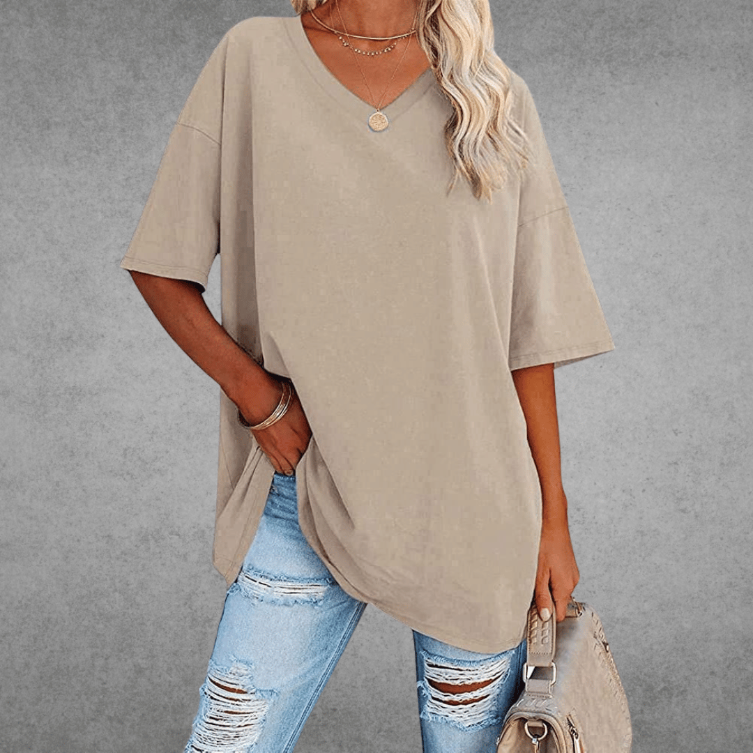 Dames Oversized T-shirt met V-hals en Korte Mouw Beige