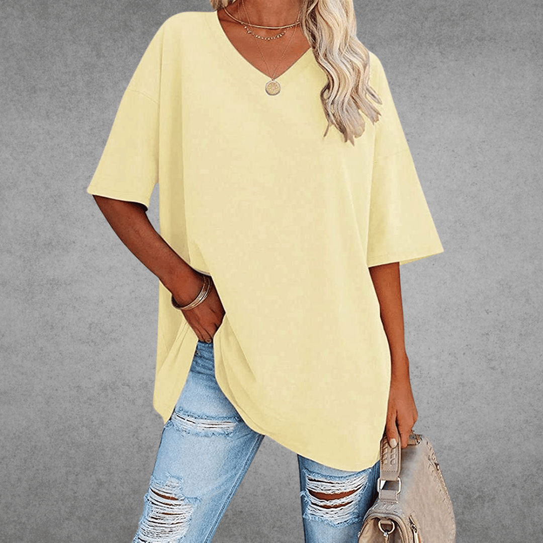 Dames Oversized T-shirt met V-hals en Korte Mouw Lichtgeel