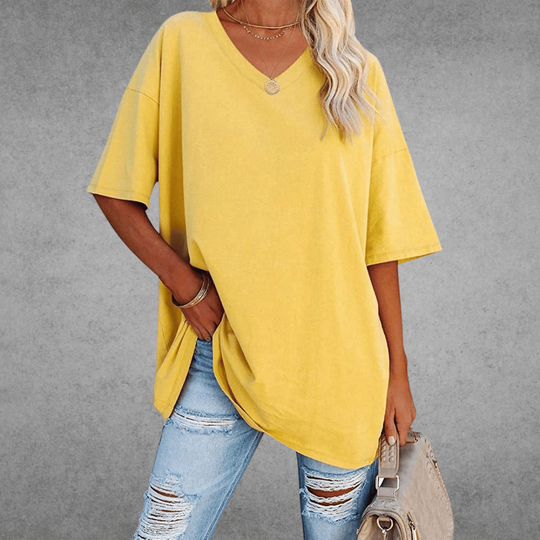 Dames Oversized T-shirt met V-hals en Korte Mouw Geel