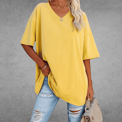 Dames Oversized T-shirt met V-hals en Korte Mouw Geel