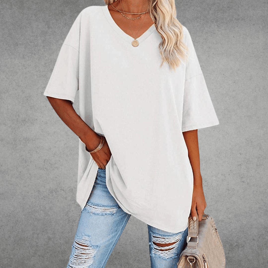 Dames Oversized T-shirt met V-hals en Korte Mouw Wit