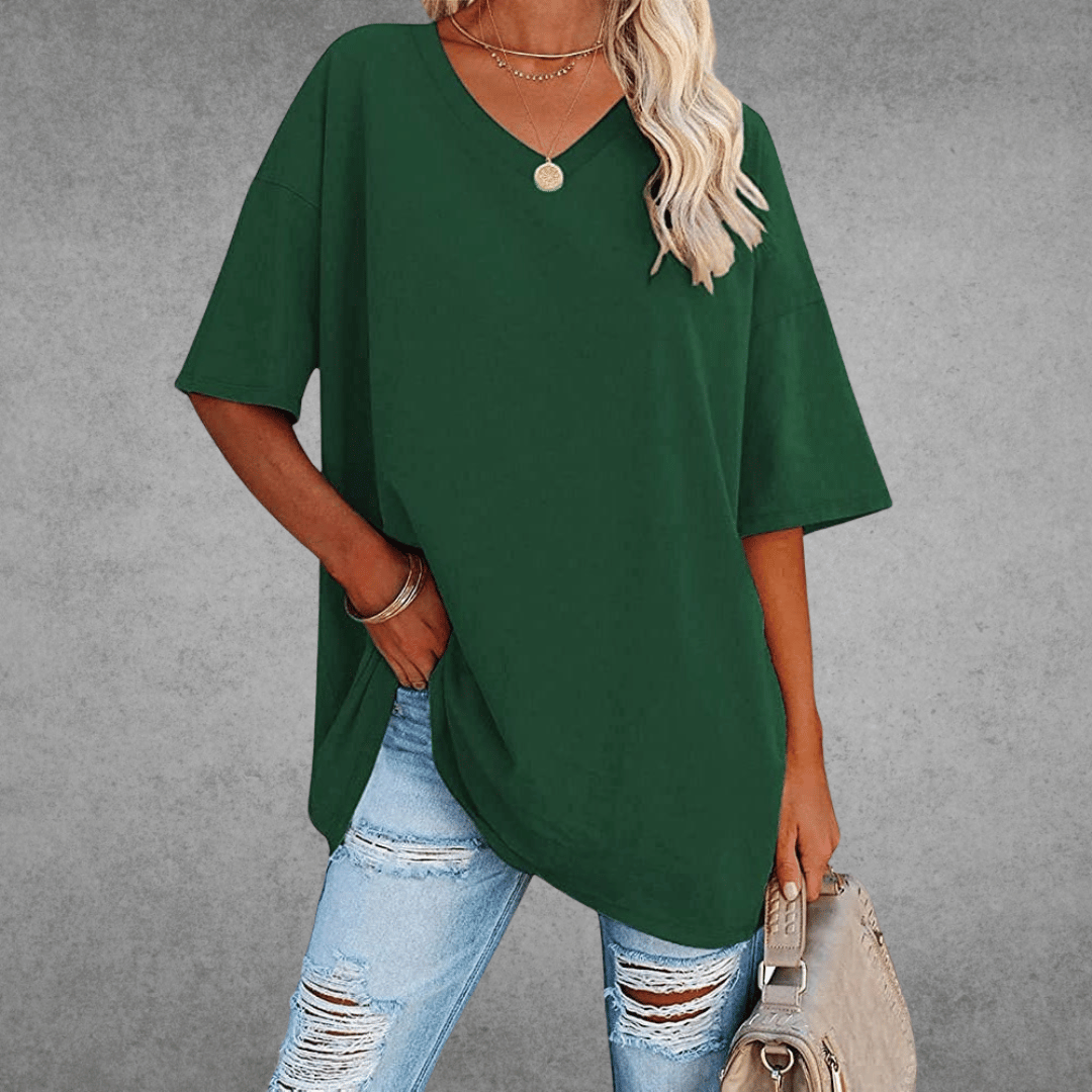 Dames Oversized T-shirt met V-hals en Korte Mouw Donkergroen