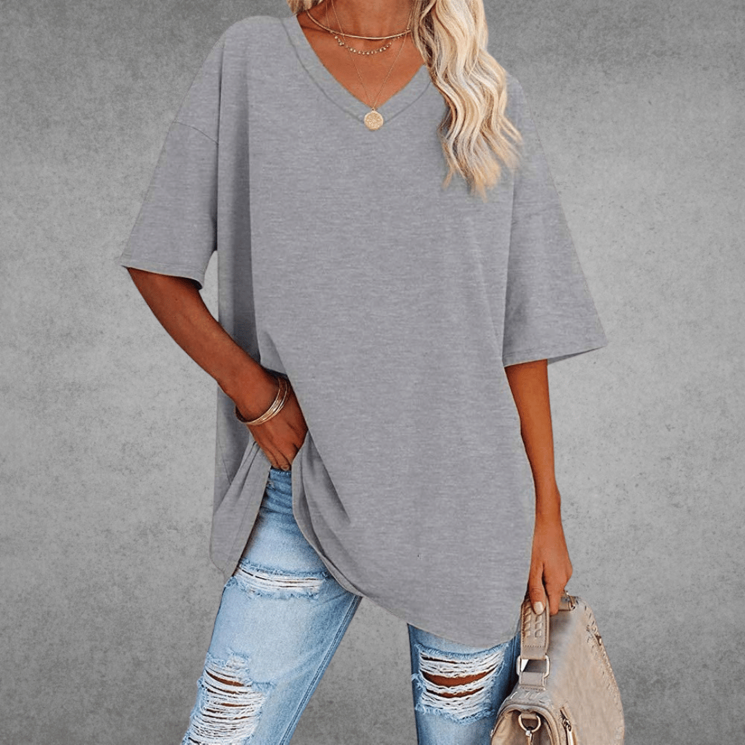 Dames Oversized T-shirt met V-hals en Korte Mouw Lichtgrijs