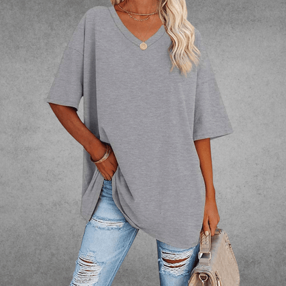 Dames Oversized T-shirt met V-hals en Korte Mouw Lichtgrijs