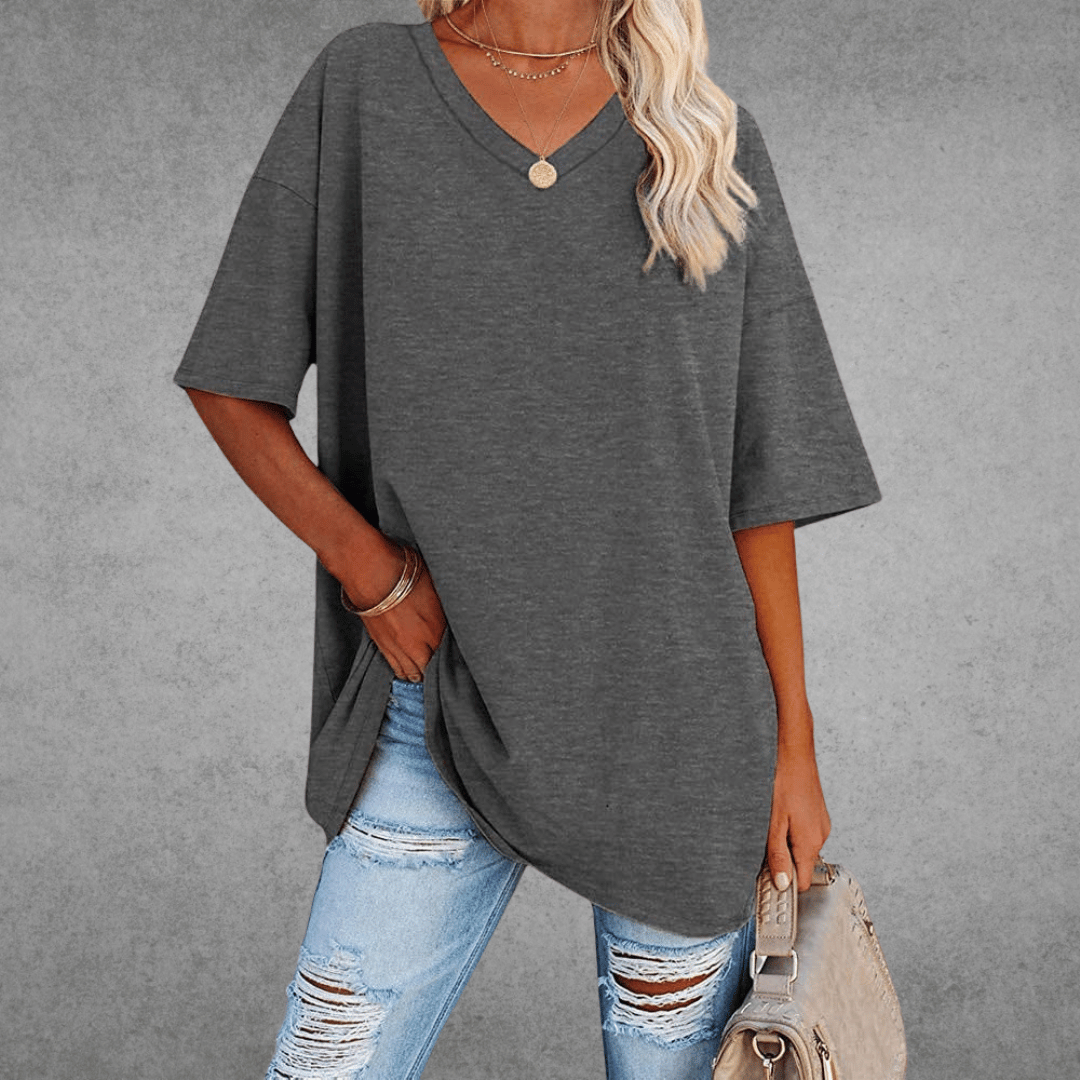 Dames Oversized T-shirt met V-hals en Korte Mouw Donkergrijs