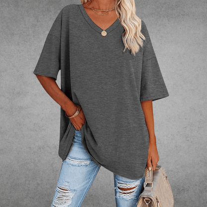 Dames Oversized T-shirt met V-hals en Korte Mouw Donkergrijs