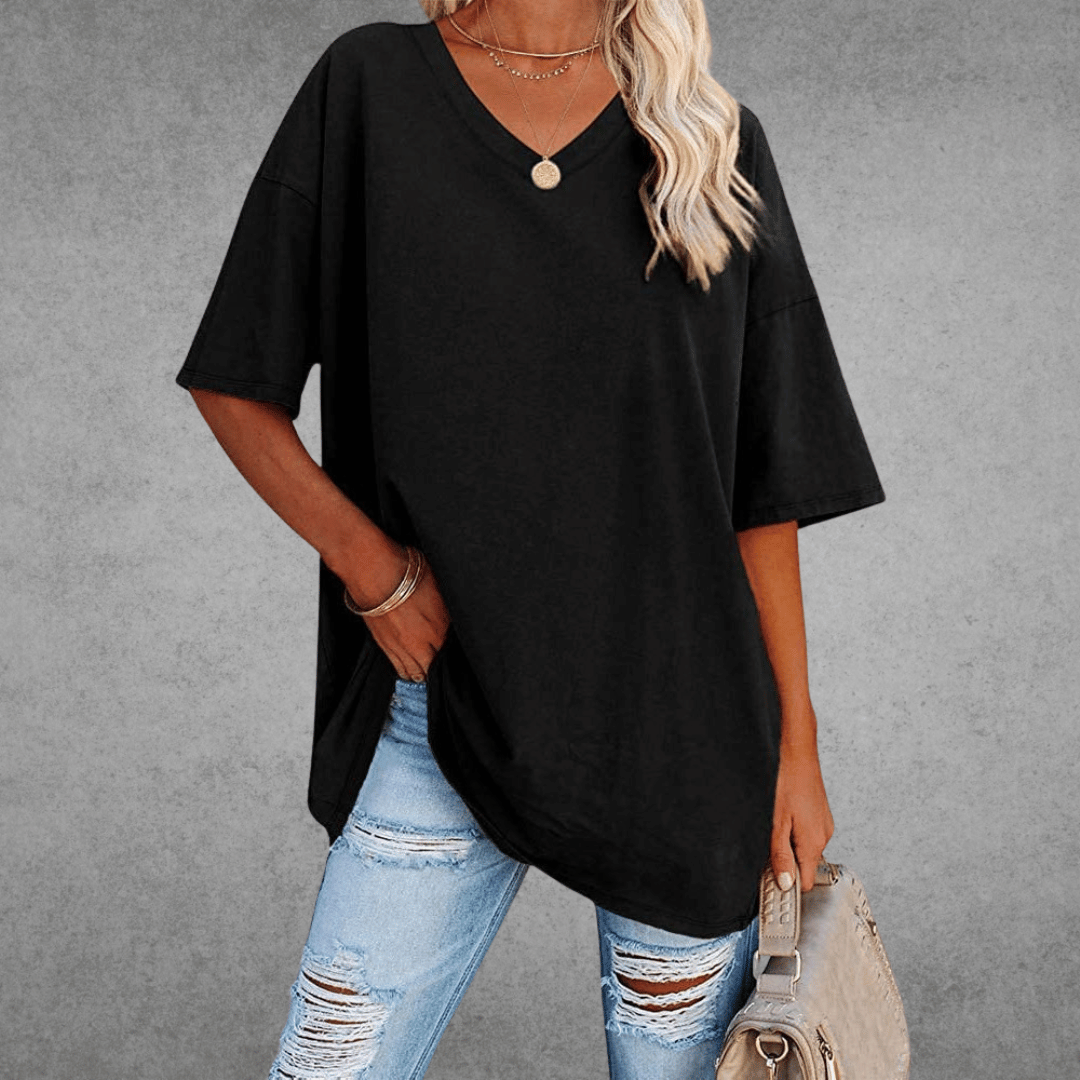 Dames Oversized T-shirt met V-hals en Korte Mouw Zwart