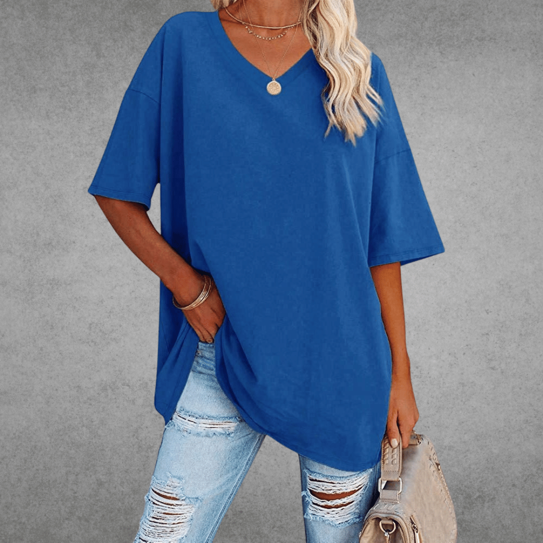 Dames Oversized T-shirt met V-hals en Korte Mouw Blauw
