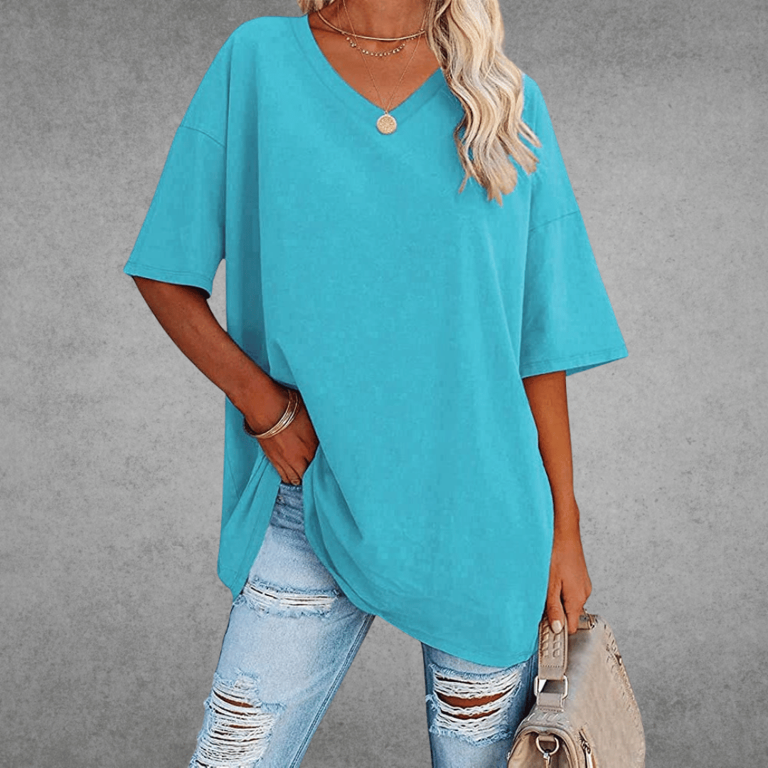Dames Oversized T-shirt met V-hals en Korte Mouw Lichtblauw