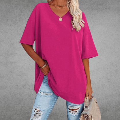 Dames Oversized T-shirt met V-hals en Korte Mouw Donkerroze