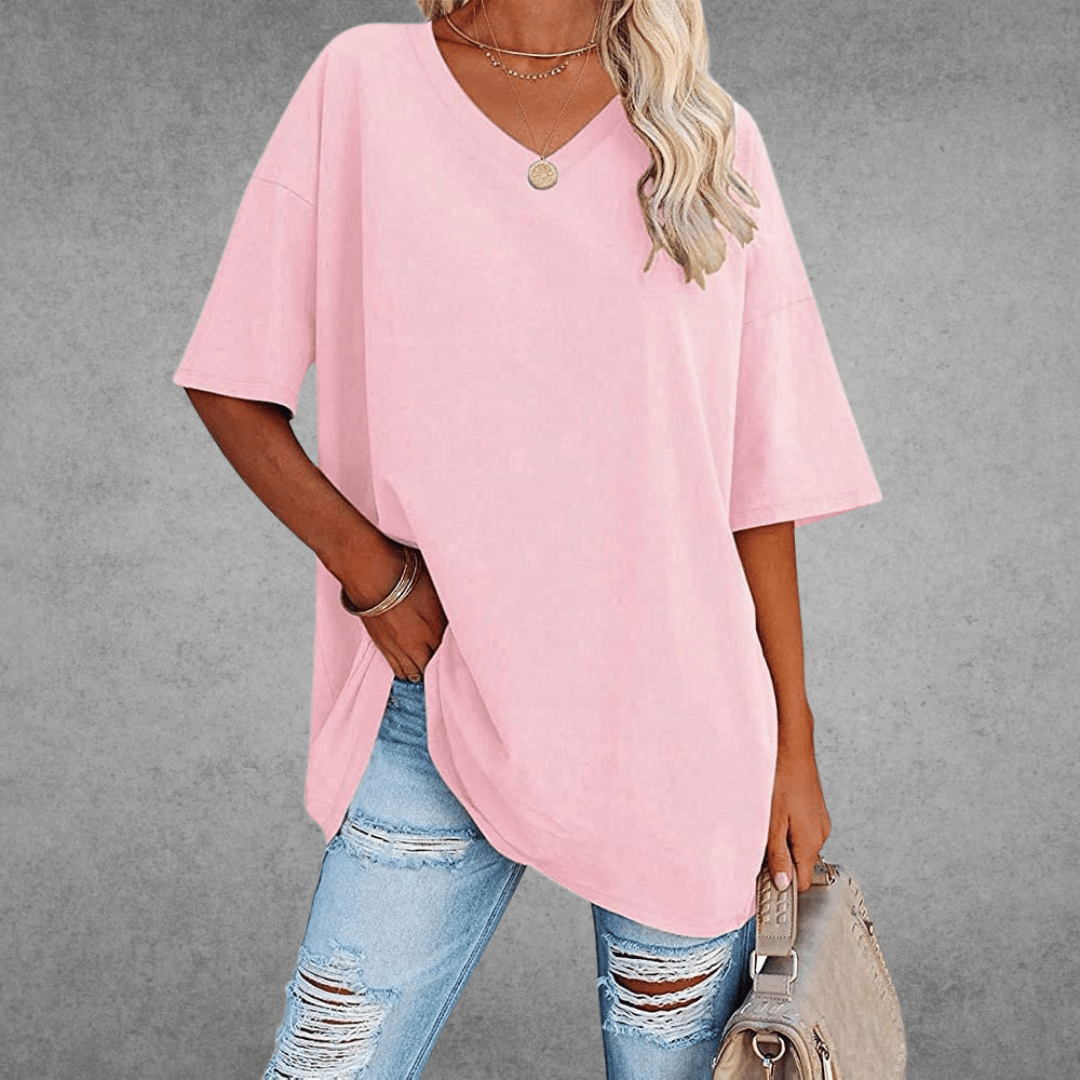 Dames Oversized T-shirt met V-hals en Korte Mouw Roze