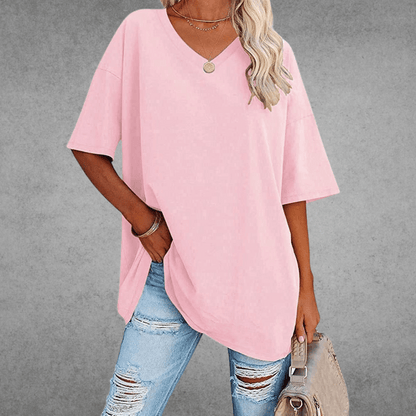 Dames Oversized T-shirt met V-hals en Korte Mouw Roze