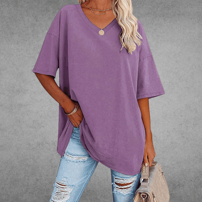 Dames Oversized T-shirt met V-hals en Korte Mouw Paars