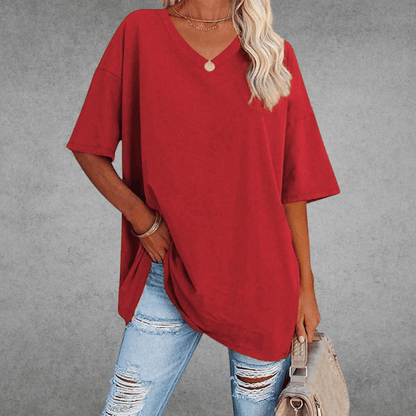 Dames Oversized T-shirt met V-hals en Korte Mouw Rood