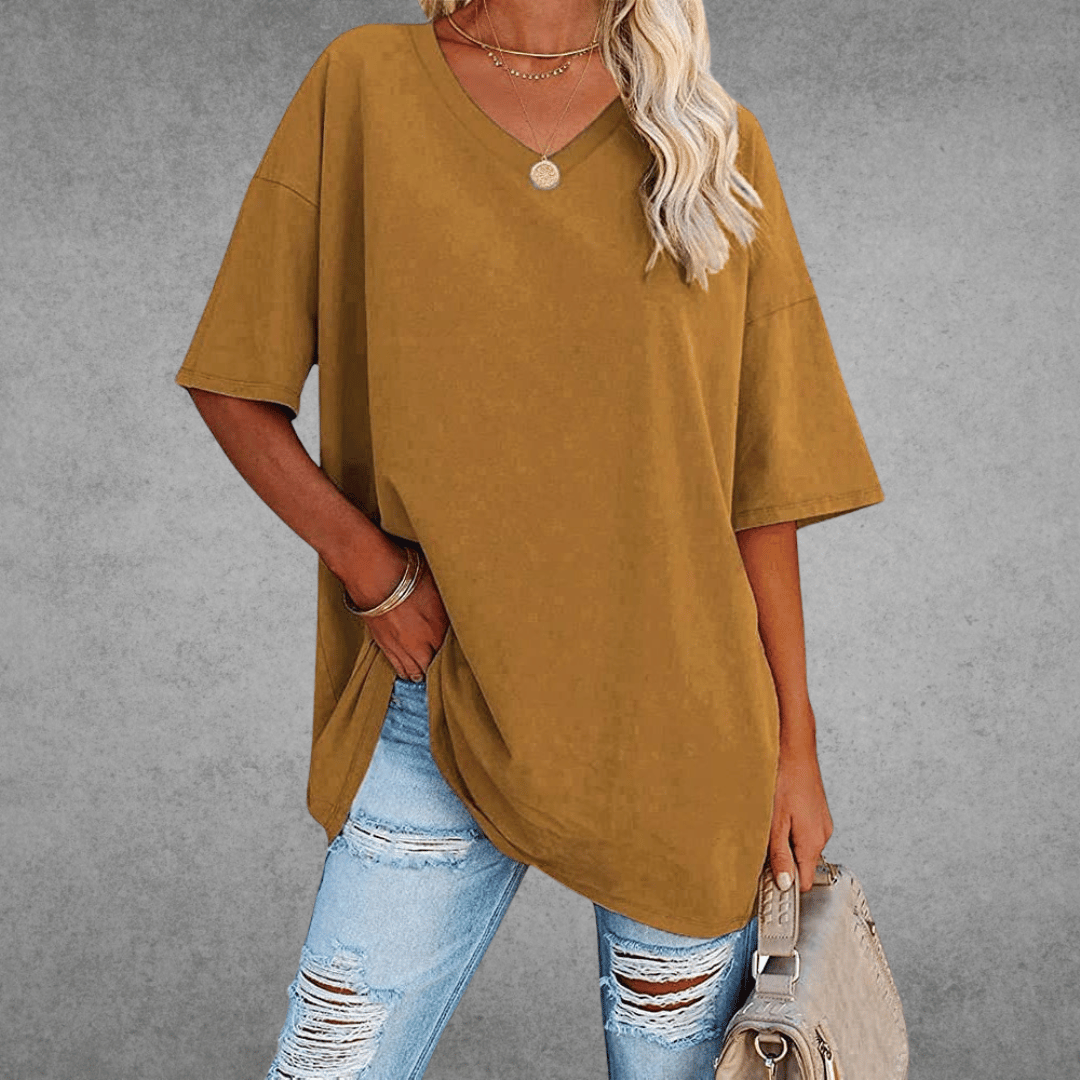 Dames Oversized T-shirt met V-hals en Korte Mouw Bruin