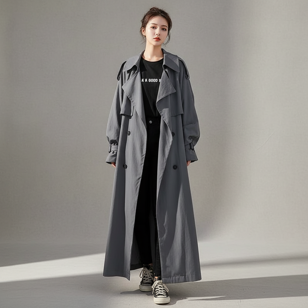 Dames Oversized Trenchcoat met Dubbele Knopenrij en Schouderklepjes