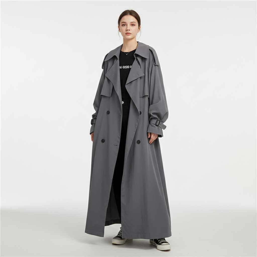 Dames Oversized Trenchcoat met Dubbele Knopenrij en Schouderklepjes