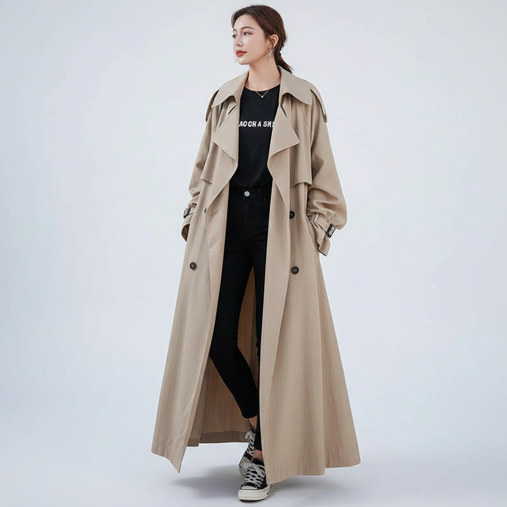 Dames Oversized Trenchcoat met Dubbele Knopenrij en Schouderklepjes Khaki