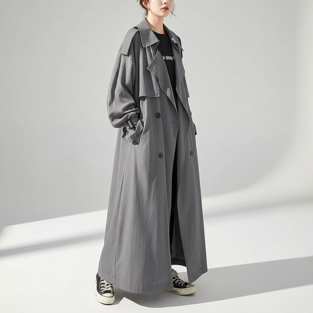 Dames Oversized Trenchcoat met Dubbele Knopenrij en Schouderklepjes Grijs