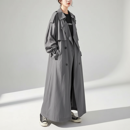 Dames Oversized Trenchcoat met Dubbele Knopenrij en Schouderklepjes Grijs