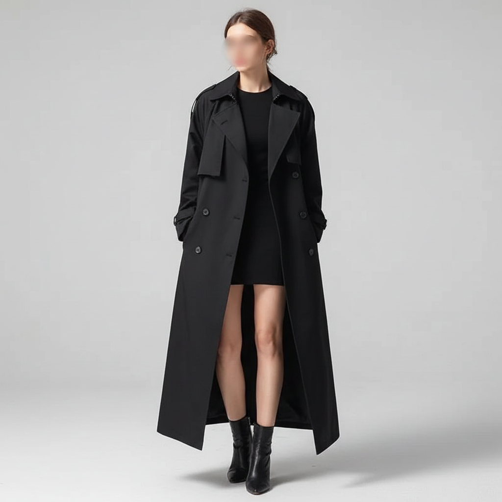 Dames Oversized Trenchcoat met Dubbele Knopenrij en Schouderklepjes Zwart