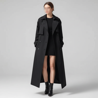 Dames Oversized Trenchcoat met Dubbele Knopenrij en Schouderklepjes Zwart