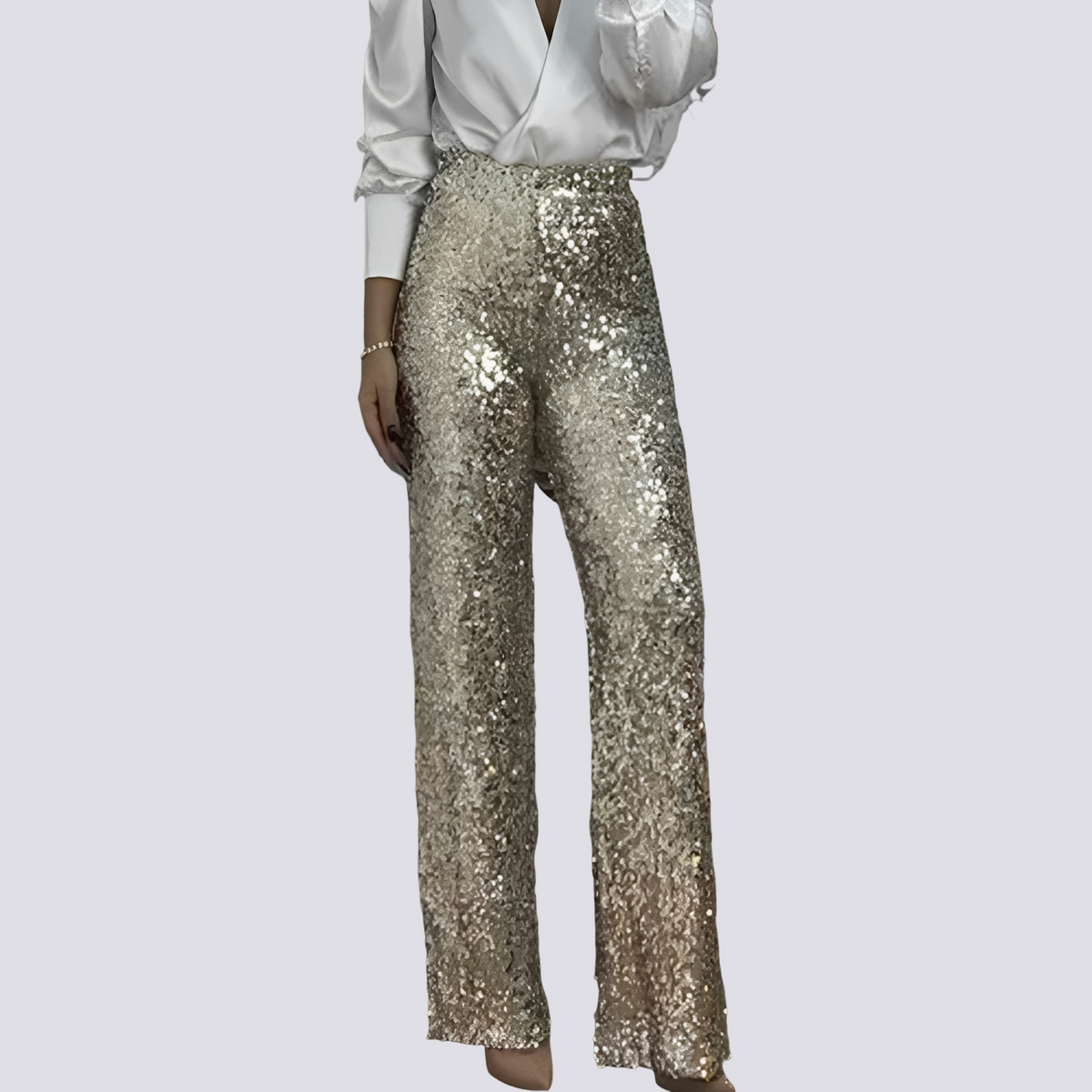 Dames Pailletten Broek met Hoge Taille en Wijde Pijpen