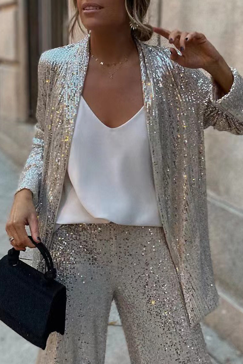 Dames Pailletten Broekpak met Blazer en Hoge Taille Broek met Wijde Pijpen