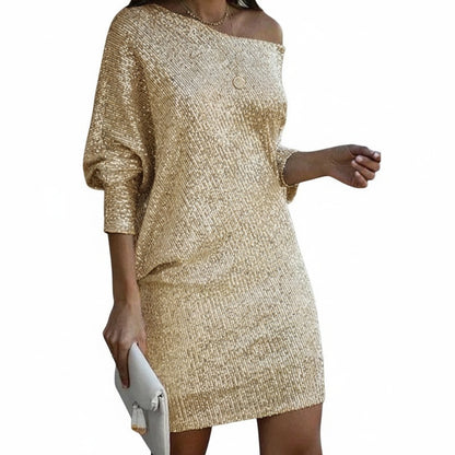 Dames Pailletten Mini-jurk met Off-Shoulder Hals en Vleermuismouwen