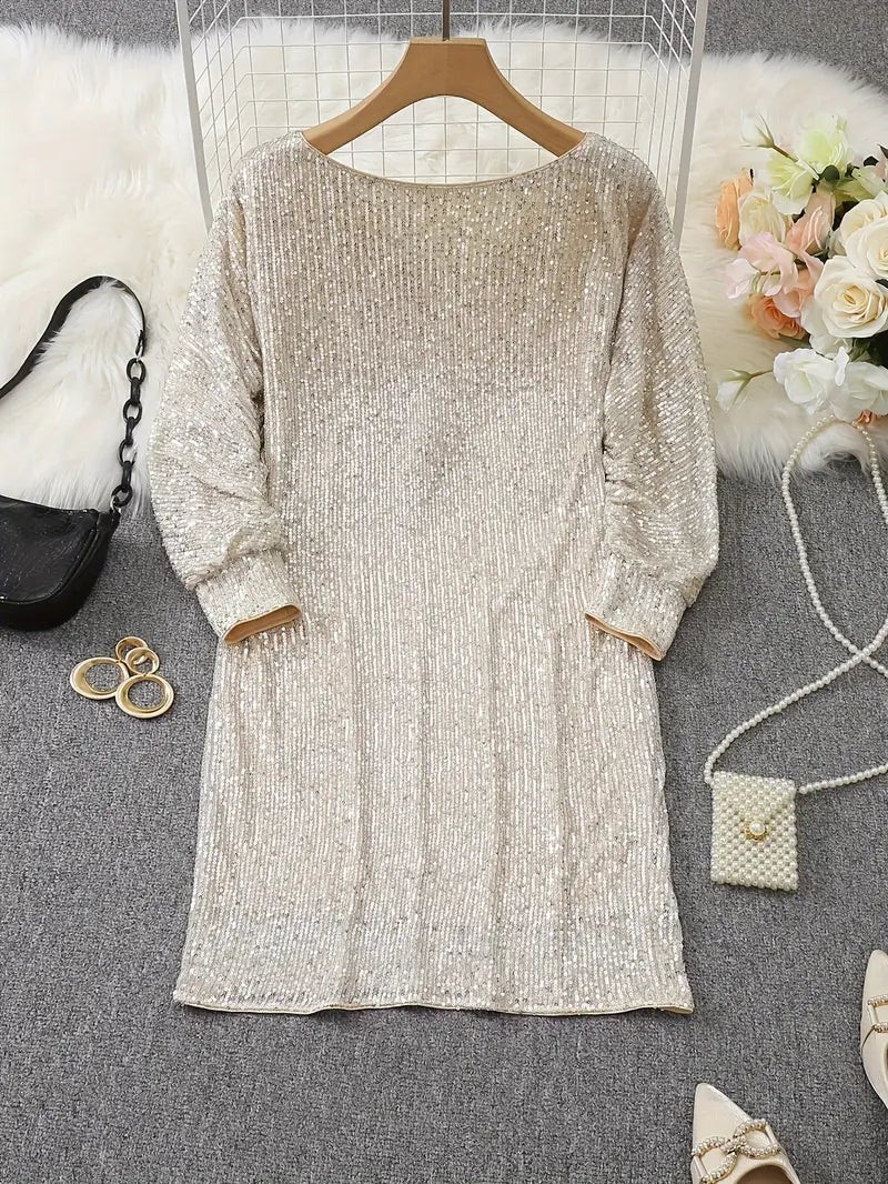 Dames Pailletten Mini-jurk met Off-Shoulder Hals en Vleermuismouwen