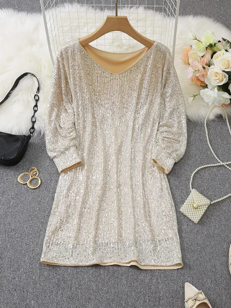 Dames Pailletten Mini-jurk met Off-Shoulder Hals en Vleermuismouwen
