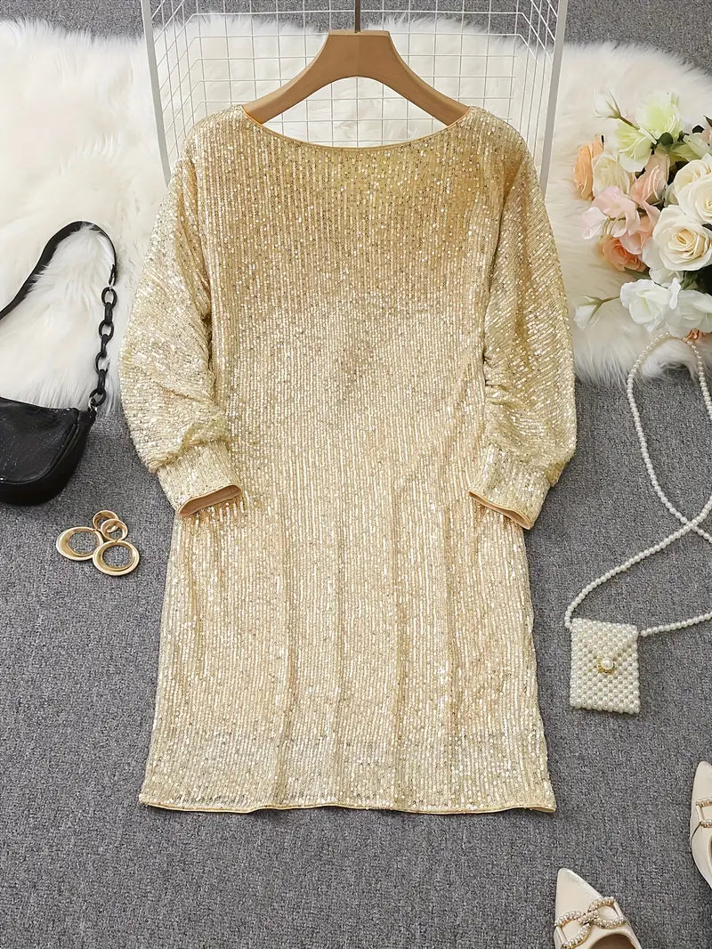 Dames Pailletten Mini-jurk met Off-Shoulder Hals en Vleermuismouwen