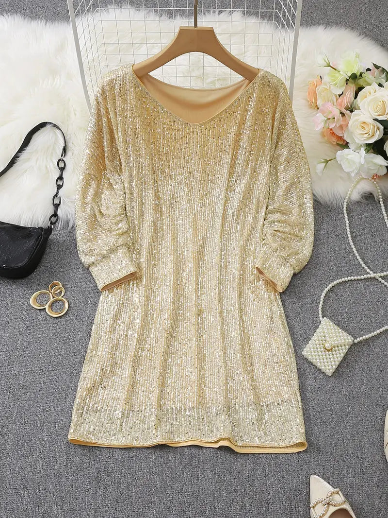 Dames Pailletten Mini-jurk met Off-Shoulder Hals en Vleermuismouwen