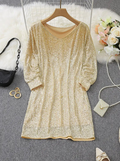 Dames Pailletten Mini-jurk met Off-Shoulder Hals en Vleermuismouwen