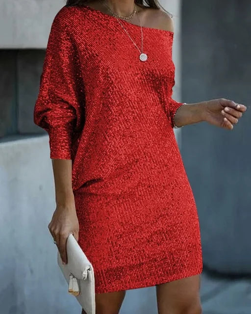 Dames Pailletten Mini-jurk met Off-Shoulder Hals en Vleermuismouwen Rood
