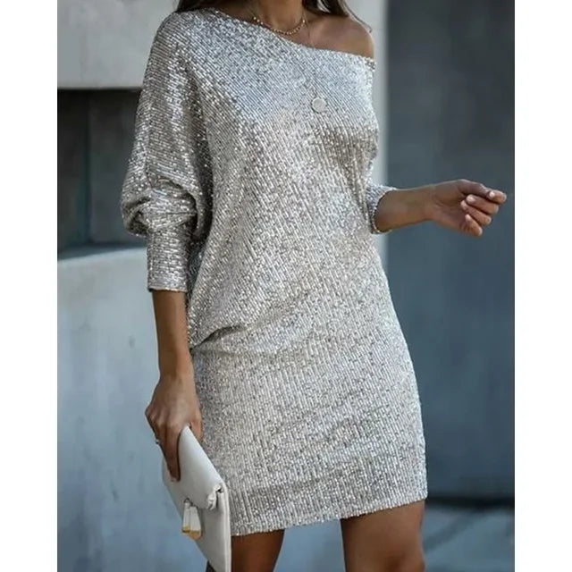Dames Pailletten Mini-jurk met Off-Shoulder Hals en Vleermuismouwen Zilver