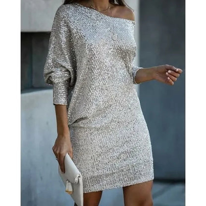 Dames Pailletten Mini-jurk met Off-Shoulder Hals en Vleermuismouwen Zilver