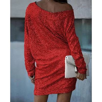 Dames Pailletten Mini-jurk met Off-Shoulder Hals en Vleermuismouwen