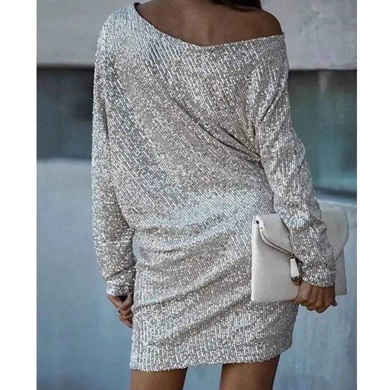 Dames Pailletten Mini-jurk met Off-Shoulder Hals en Vleermuismouwen