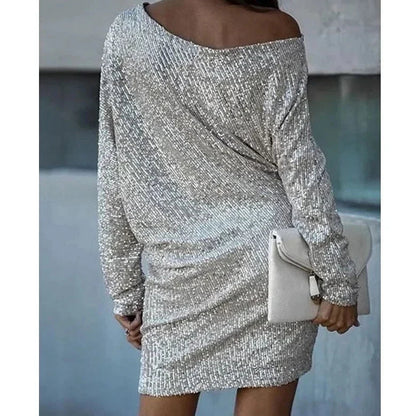 Dames Pailletten Mini-jurk met Off-Shoulder Hals en Vleermuismouwen