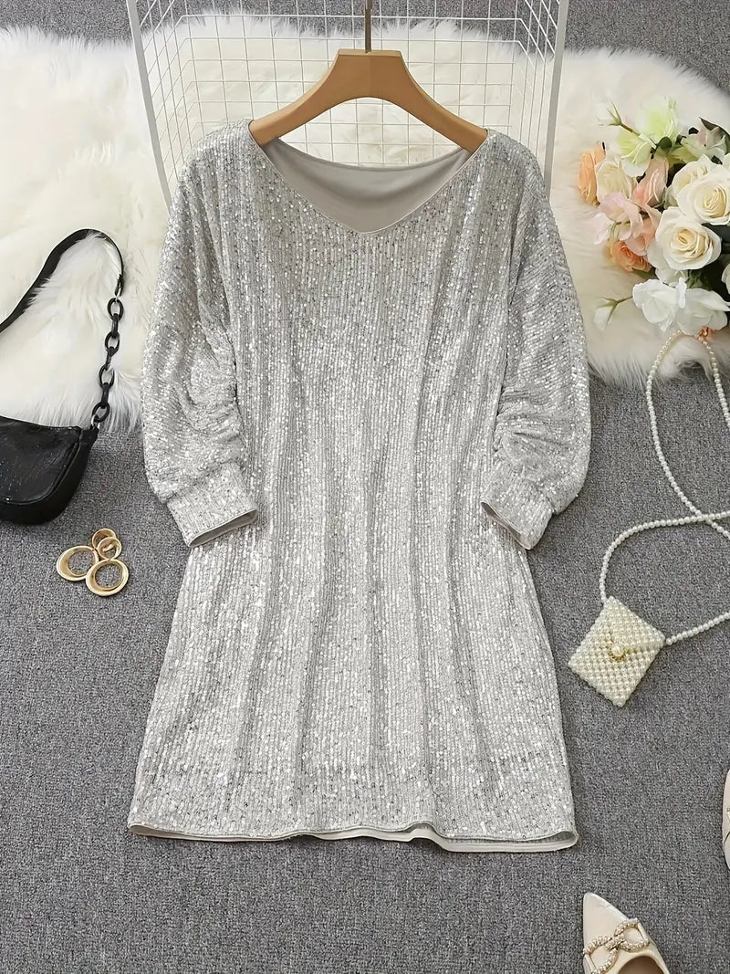 Dames Pailletten Mini-jurk met Off-Shoulder Hals en Vleermuismouwen