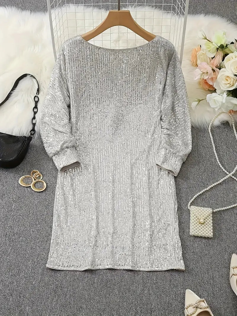 Dames Pailletten Mini-jurk met Off-Shoulder Hals en Vleermuismouwen