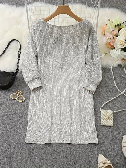 Dames Pailletten Mini-jurk met Off-Shoulder Hals en Vleermuismouwen