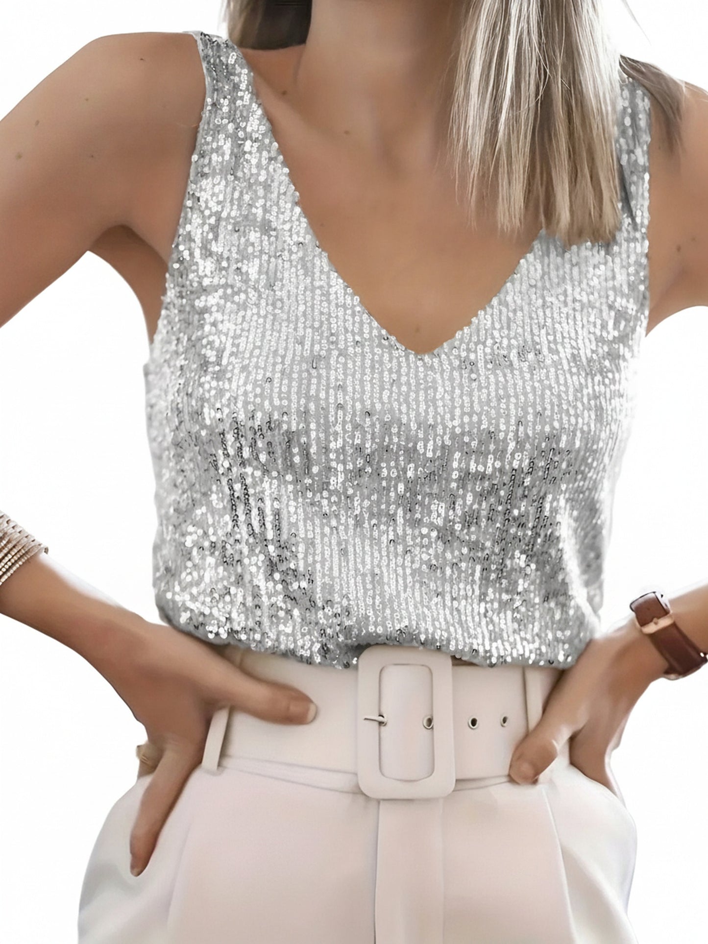 Dames Pailletten Tank Top Mouwloos met V-hals
