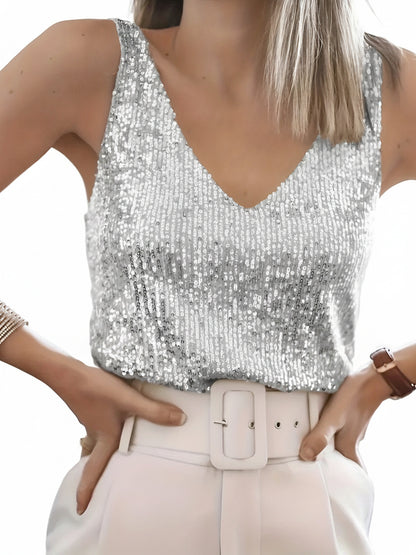 Dames Pailletten Tank Top Mouwloos met V-hals