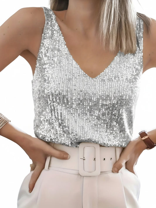 Dames Pailletten Tank Top Mouwloos met V-hals