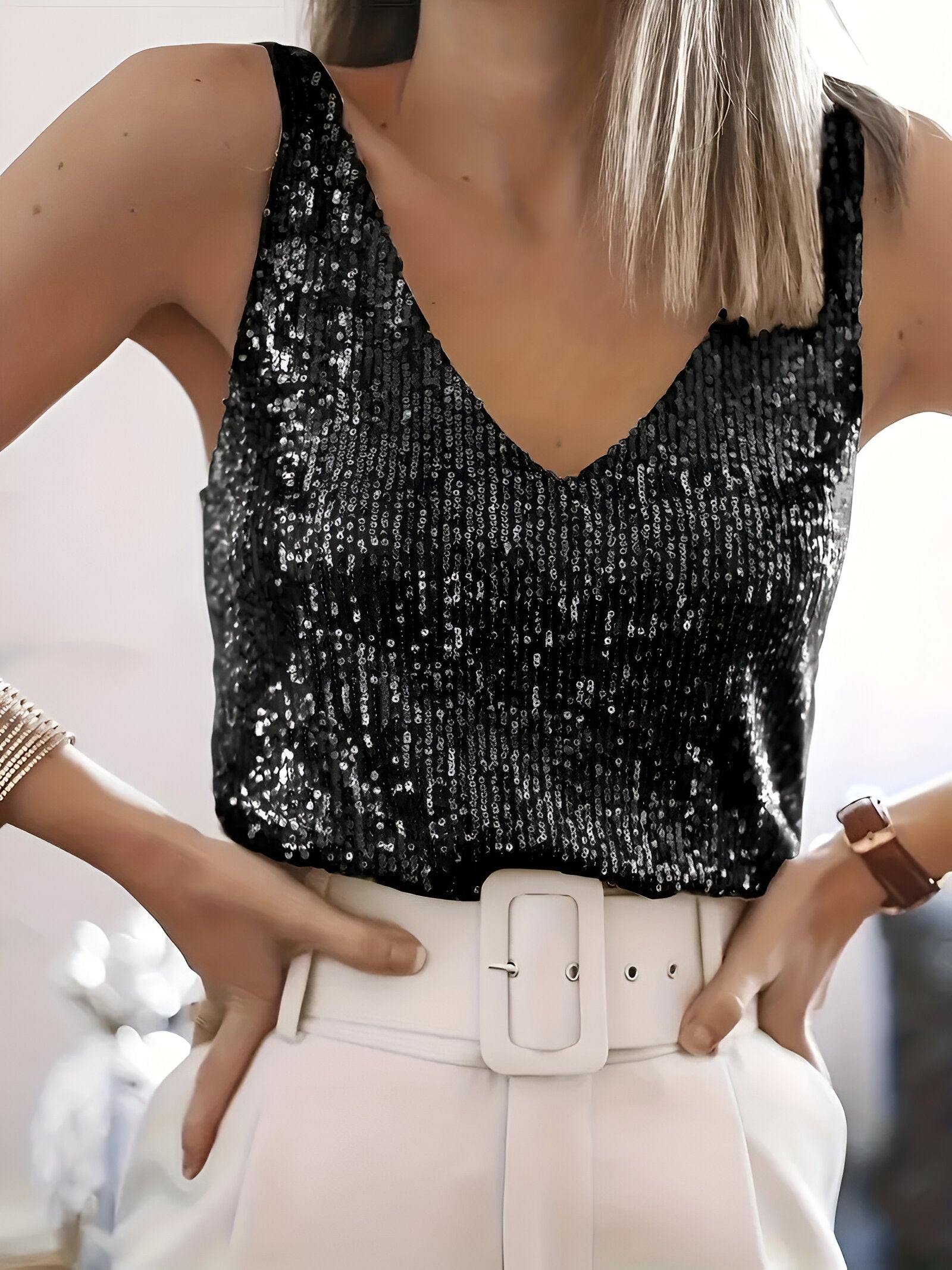 Dames Pailletten Tank Top Mouwloos met V-hals Zwart