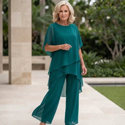 Dames Palazzo Broekpak met Gelaagde Top en Ronde Hals Turquoise
